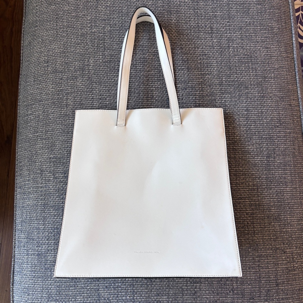 French Connection Duffy Shopper White PU Structured Tote Black Trim Bag - Picture 3 of 7